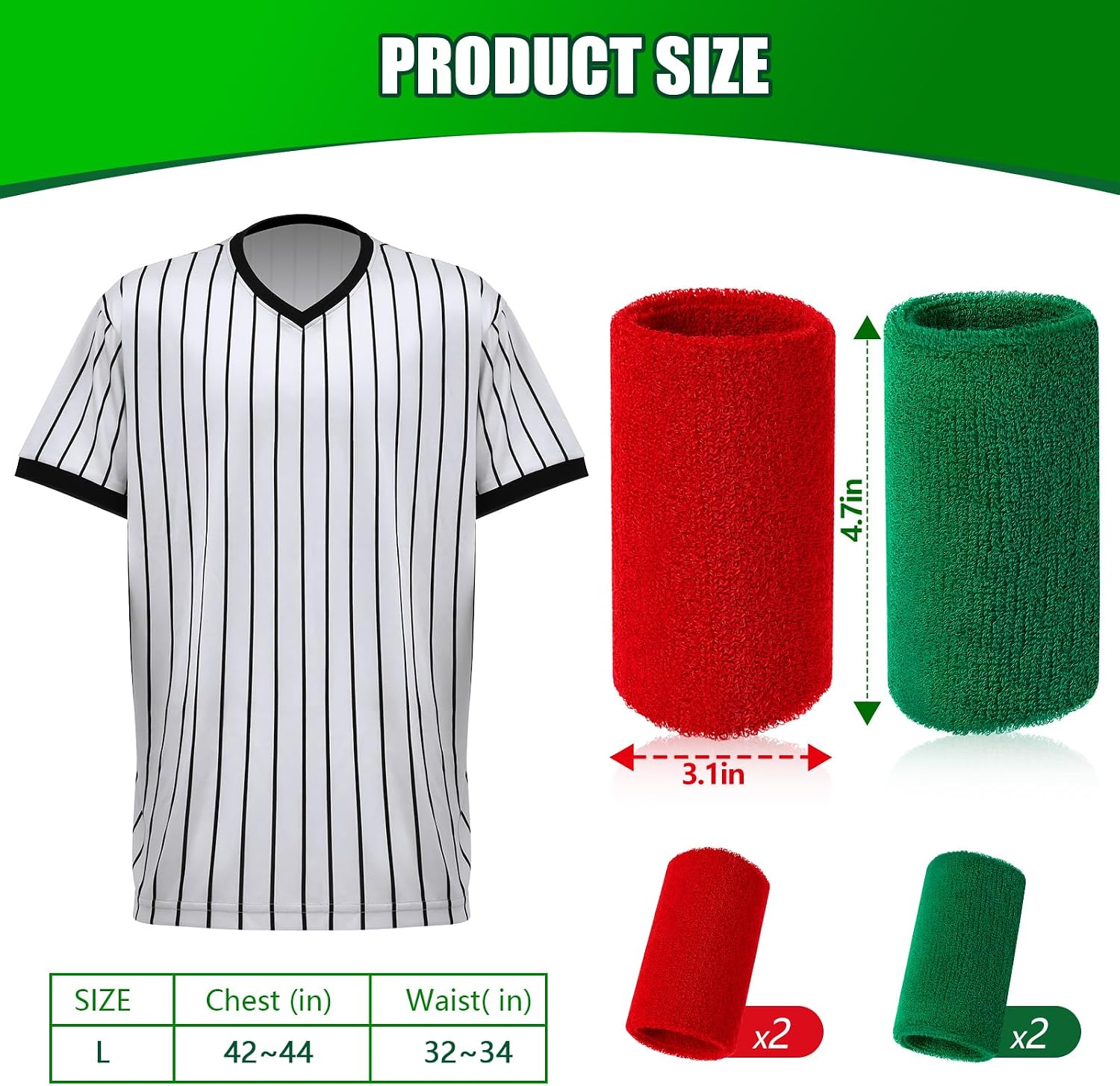 Cutecrop Wrestling Referee Shirt and Wrestling Wrist Bands Set 1 Pcs Official Performance Ref Jersey Uniform Referee Costume with Black Pinstripes 4 Pcs Red and Green Wrestling Arm Bands for Match