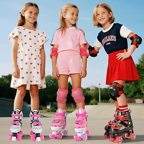 Miniatura 8 de SULIFEEL Patines de ruedas para niñas con lunares y lazo, ruedas iluminadas, 4 tamaños ajustables para niños pequeños, patines principiantes