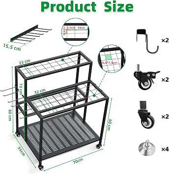 3-Tier Garden Tool Storage Organiser, Heavy Duty, Lockable Wheels, L | 76 Storage Slots For Long/Short Tools, 8 Hooks, Interchangeable Fixed Legs/ Lockable Wheels, Reinforced Metal Base
