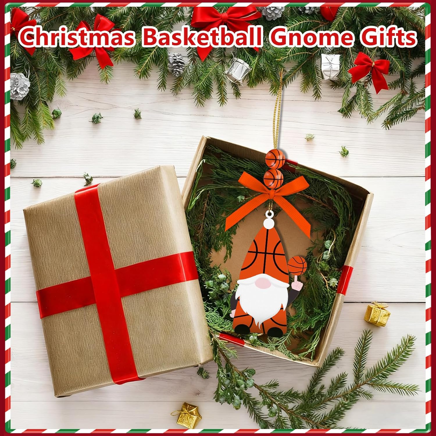 Christmas Gnome Basketball Ornaments, Wood Hanging Sports Christmas Tree Decorations with Sports Ball and Bow, Basketballs Gifts for Basketballs Lovers Fans Holiday Party Office Indoor Car Supplies - Image 4