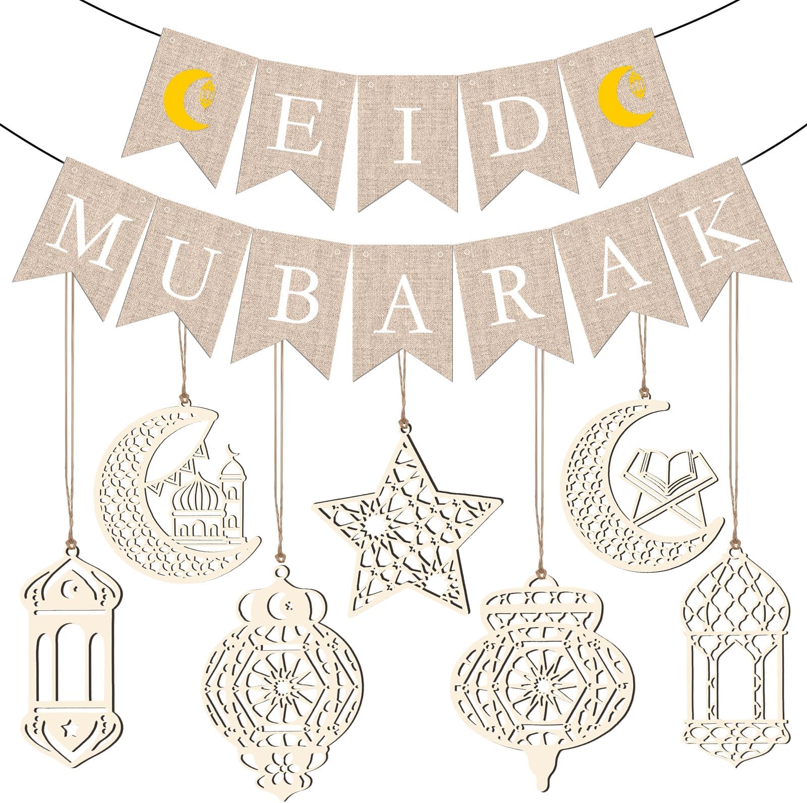 Ramadan Decorations for Home, Eid Mubarak Decoration, Ramadan Mubarak Kraft Paper Banner and 7 PCS Wooden Hanging Ramadan Decorations, Star Moon Lantern Ramadan Kareem Decor for Islamic Muslim Party