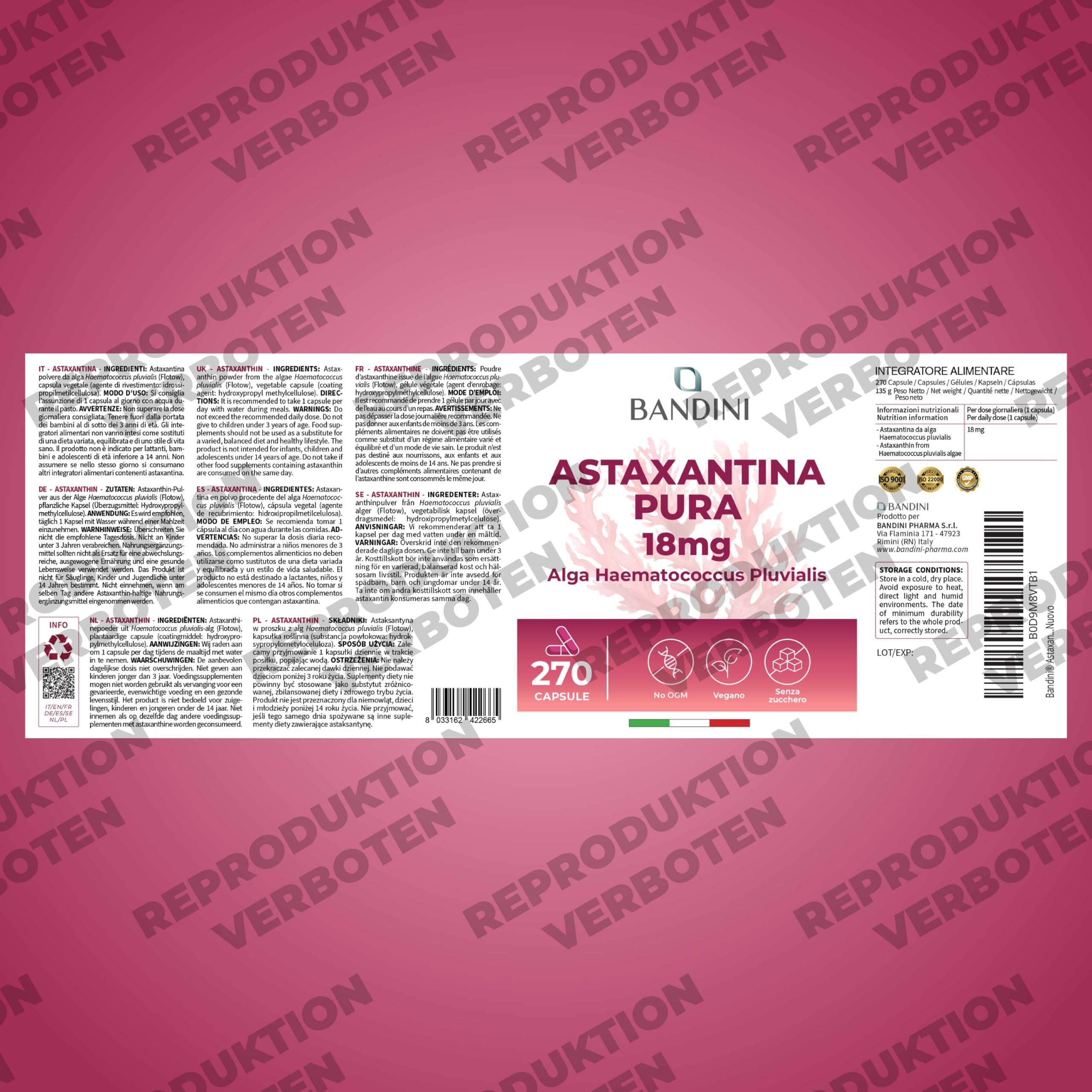 Bandini® Pure Astaxanthin 18 mg pro Kapsel, 270 Kapseln, 9 Monate Vorrat (1 Kapsel pro Tag), Alge Haematococcus Pluvialis - Natürliches Astaxanthin, frei von Magnesiumstearat, GMO-frei