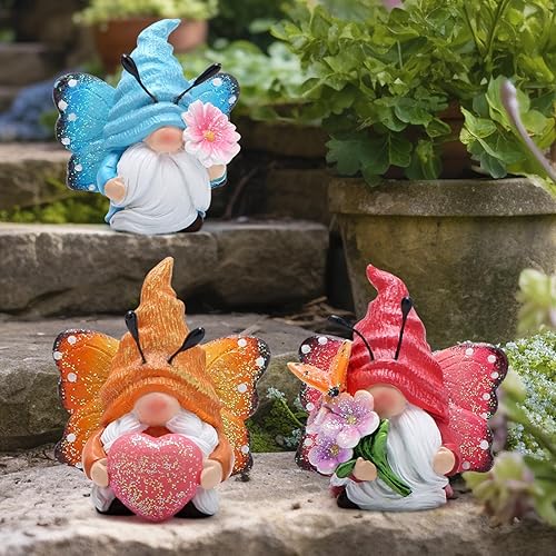 Miniatura 5 de Hodao Juego de 3 gnomos de mariposa de primavera, adornos de gnomos de mariposa, adornos escandinavos Tomte, decoración de elfo, regalos de verano,
