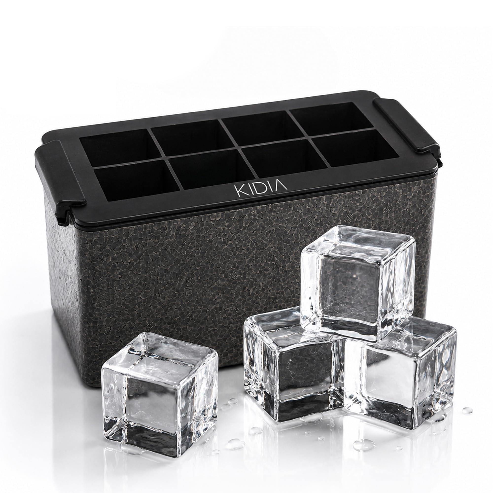 Kidia Ice Clear Cube Maker – Cubos de Hielo Transparente 8× 5x5x5 cm – Congelación Direccional, Silicona Alimentaria, Caja Aislante para Cócteles y Whisky