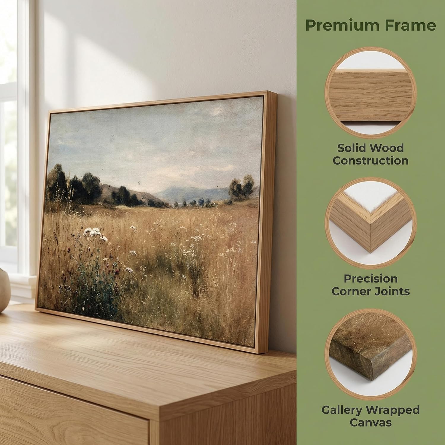 Nature Picture Framed Canvas Wall Art Rustic Landscape Field Painting Beige and Brown Tones Canvas Print Natural Frame Artwork Bedroom Home Decor 20 x 40 Inches