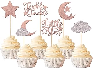 Rsstarxi 36 Pack Little Star Moon Clould Cupcake Toppers Glitter Twinkle Twinkle Star Cupcake Picks Baby Shower Cake Decorations for Moon Star Clould Kids Birthday Party Supplies Rose Gold