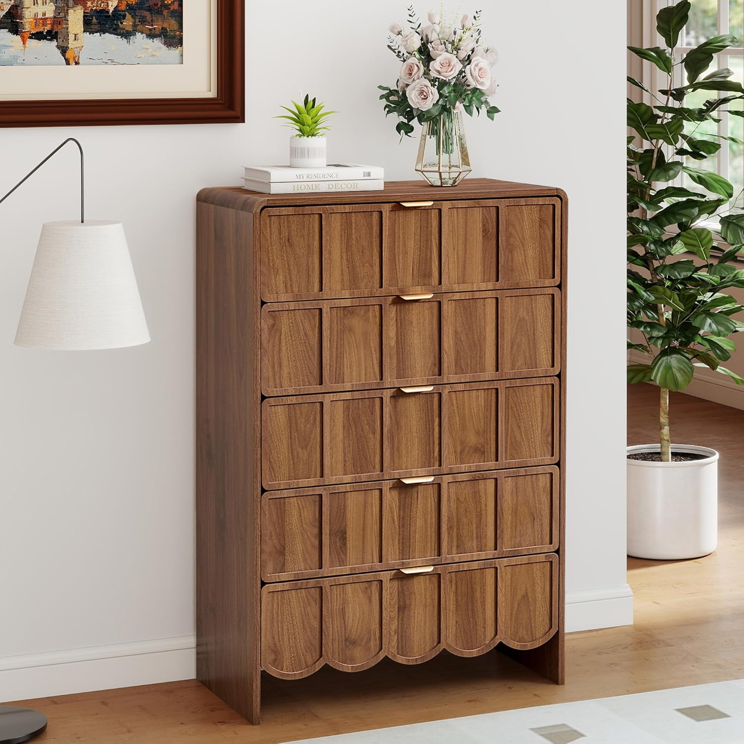 ORRD Accent 5 Drawer Dresser for Bedroom Set of 2, Modern Closet Chest of Drawers with Wave Fluted Drawer, Wood Storage Small Dresser Organizer for Nursery Bedroom Living Room Hallway Closet (Walnut) 2 Set Walnut Scallop 5 Drawer