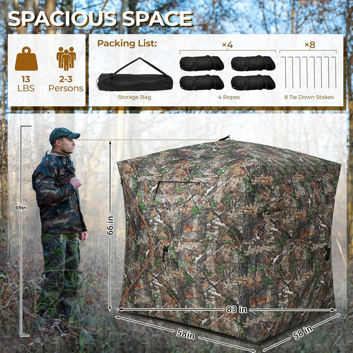 HUNTSEN Hunting Blind 270 Degree See Through Ground Blind - 2-3 & 3-4 Person Pop Up Deer Blind for Hunting with Carrying Bag - 300D Reinforced Portable Durable Blind for Turkey and Deer - Image 5