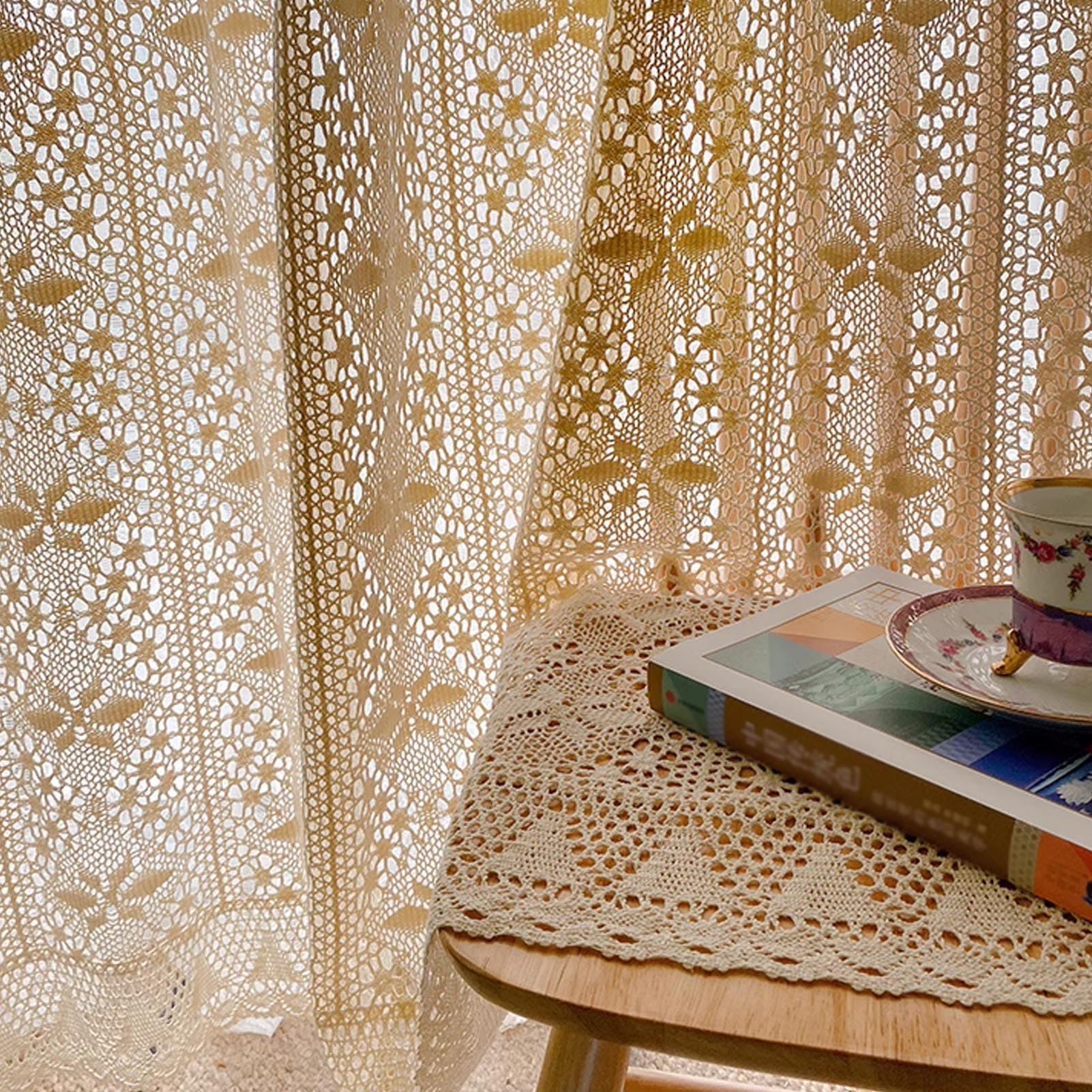 Rideaux en Dentelle Beige Shabby Chic avec Pompons, Rideaux De Fenêtre Vintage Creux en Coton Style Bohème pour Cuisine, Salon, Chambre à Coucher, 1 Panneau