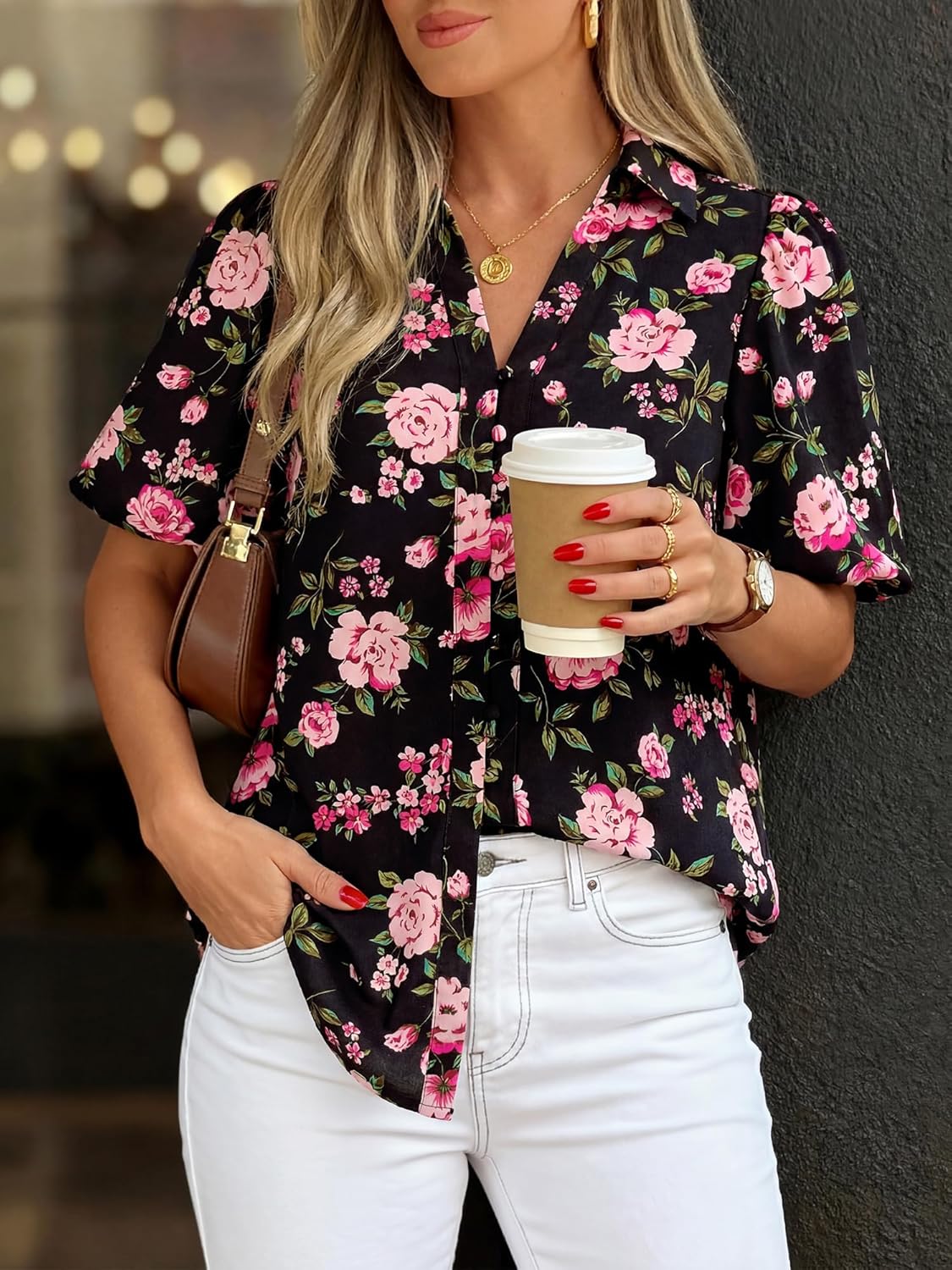 BTFBM Womens Tops Summer Button Down Shirts Casual Short Sleeve V Neck Floral Boho Business Blouses Vacation Outfits - Image 5