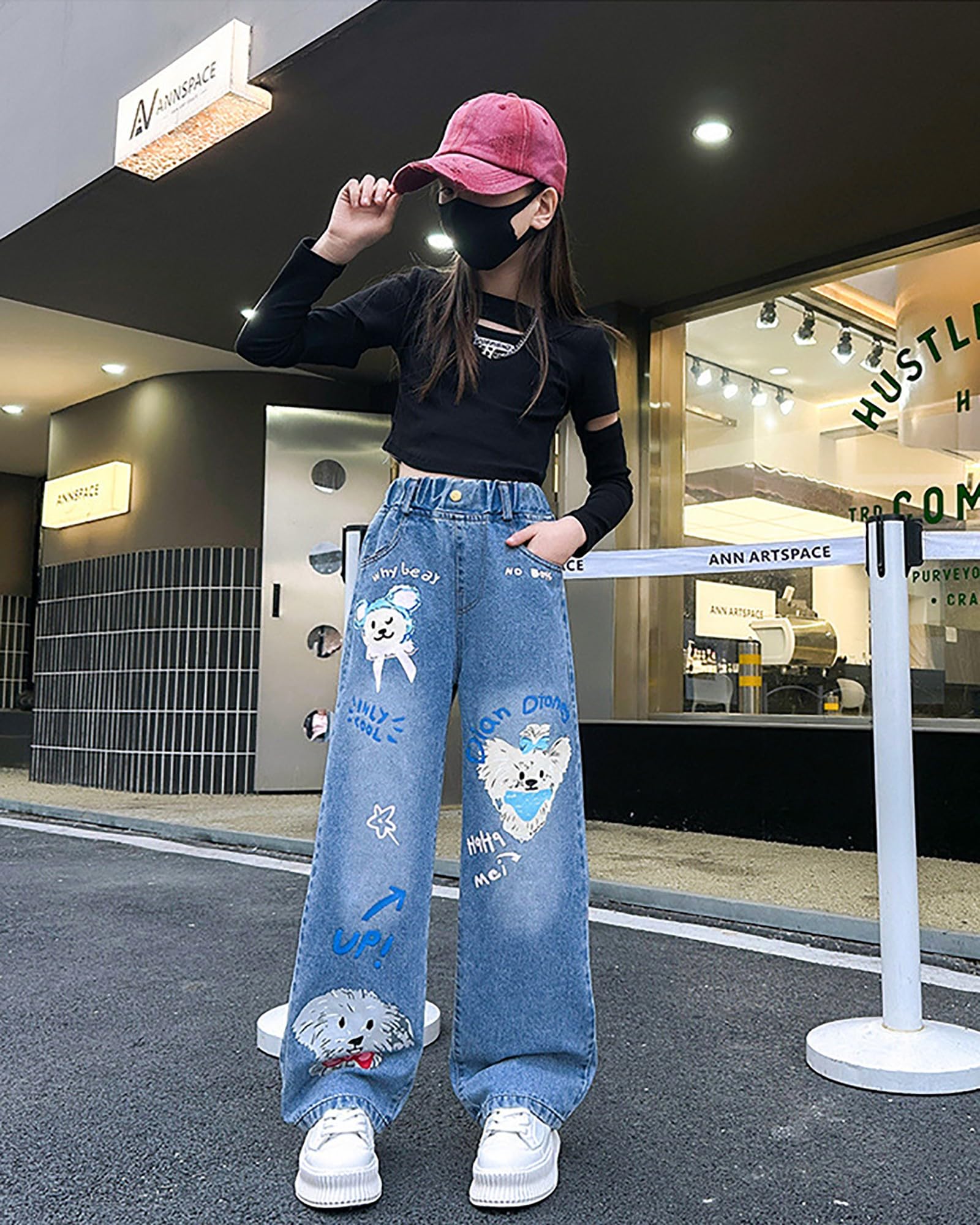 Dziewczęce dżinsy z szerokimi nogawkami, luźny krój, dżinsy, styl vintage, luźne, szerokie nogawki, streetwear z kieszeniami, elastyczny ściągacz