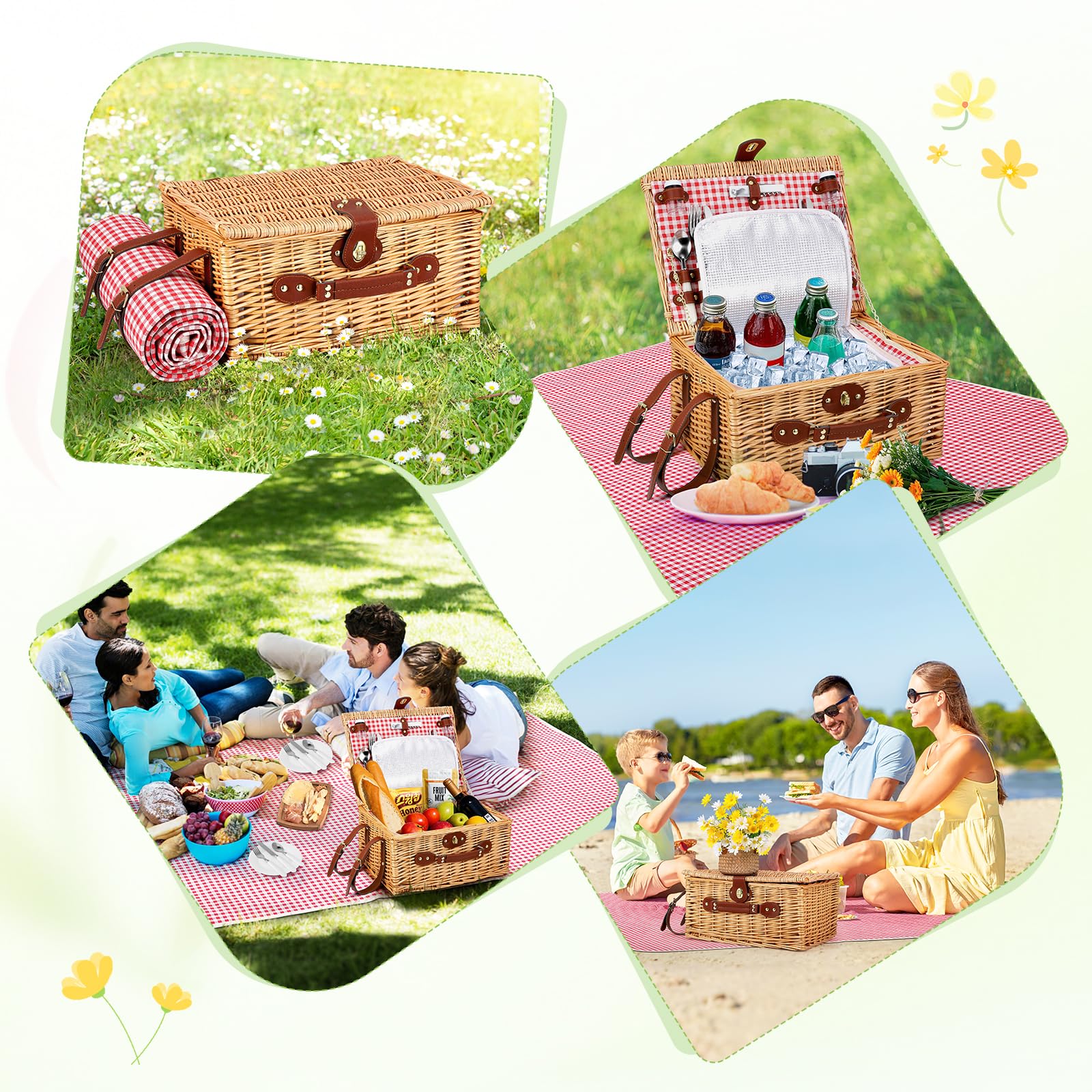 Cesta de Picnic Mimbre para 4 Personas, Cesta Trenzada a Mano con Aislamiento Integrado y Manta Impermeable – Set Completo con 4 Cubiertos, Platos, Vasos para Camping Playa jardín