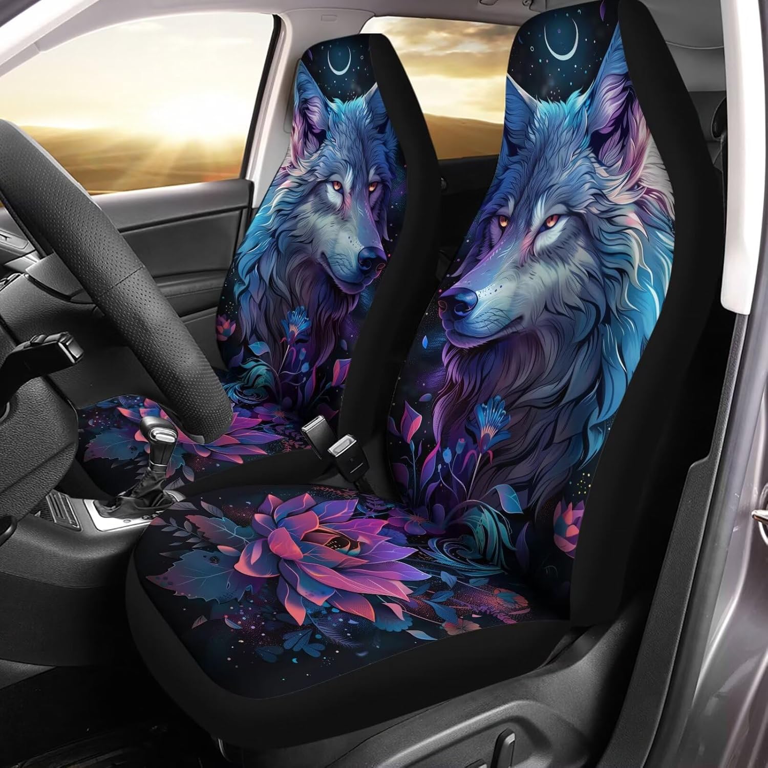Wolf Lotus Flower Print Front Car Seat Covers 2pc, Breathable Seat Covers Car Accessories for Women Men Car Seat Protector Universal Size Fit for Most Cars,SUVs