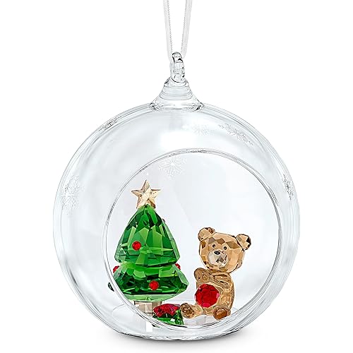 SWAROVSKI Christmas Scene Ornament, for Hanging on a Tree or for Display, Clear Crystal with Teddy Bear and Tree, Part of The Swarovski Joyful Ornaments Collection