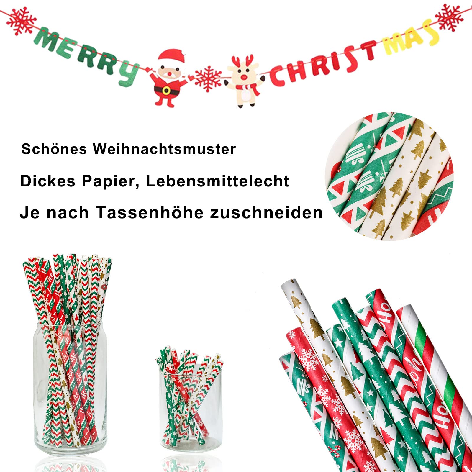 Pailles En Papier De Noël - Lot De 100 - Motifs Festifs (sapins, étoiles, Neige) - 19,7 Cm - Écologiques