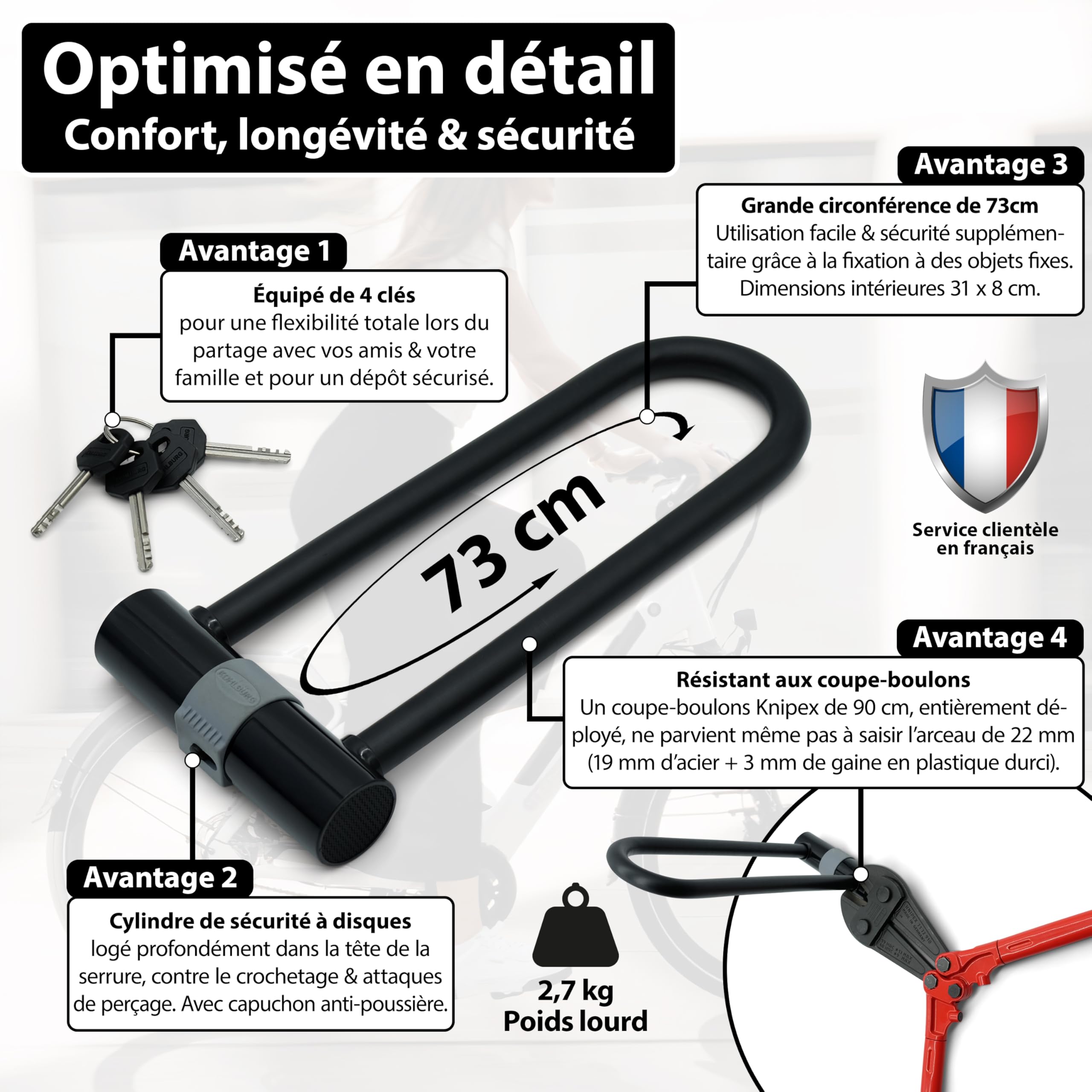 KOHLBURG Antivol en U de haute sécurité niveau 15+, Acier spécial 19 mm | Extrêmement sûr et 2,7 kg massif - Antivol pour moto, scooter, vélo électrique & vélo - U‑Lock vélos électriques & motos