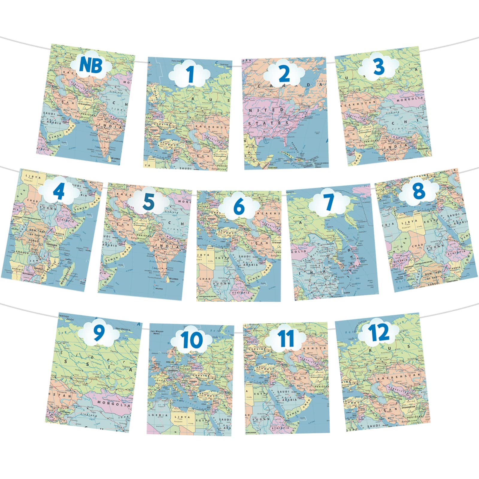 What A Onederful World Banner Fotografico Primo Compleanno Ragazzo, Tema Viaggio, Con Cornici Per Foto 0-12 Mesi