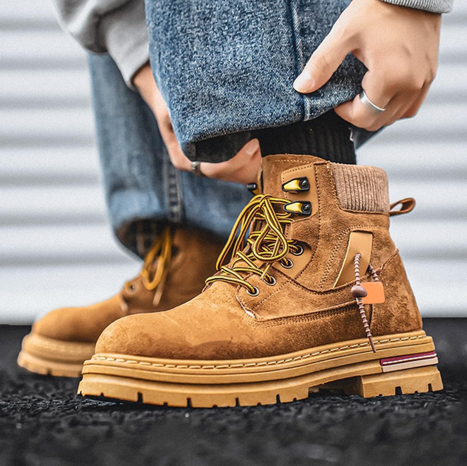 Męskie masywne zamszowe botki z dzianiny kołnierz na co dzień botki retro sznurowane modne trampki do streetwear spacerów, ŻÓŁTY, 39.5 EU