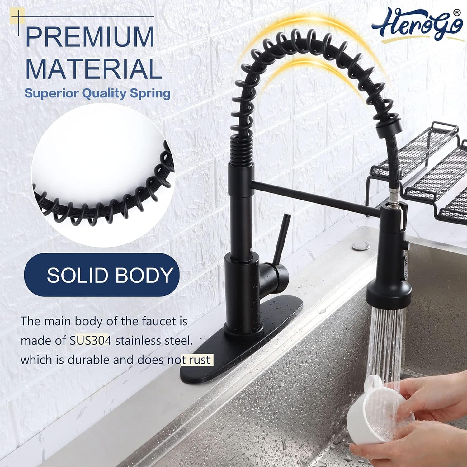 Kitchen Faucets with Pull Down Sprayer Matte Black, Herogo 2.0 Upgraded Commercial Stainless Steel Single Handle Pull Out Spring Sink Faucets with Deck Plate for Utility Farmhouse Laundry Rv Wet