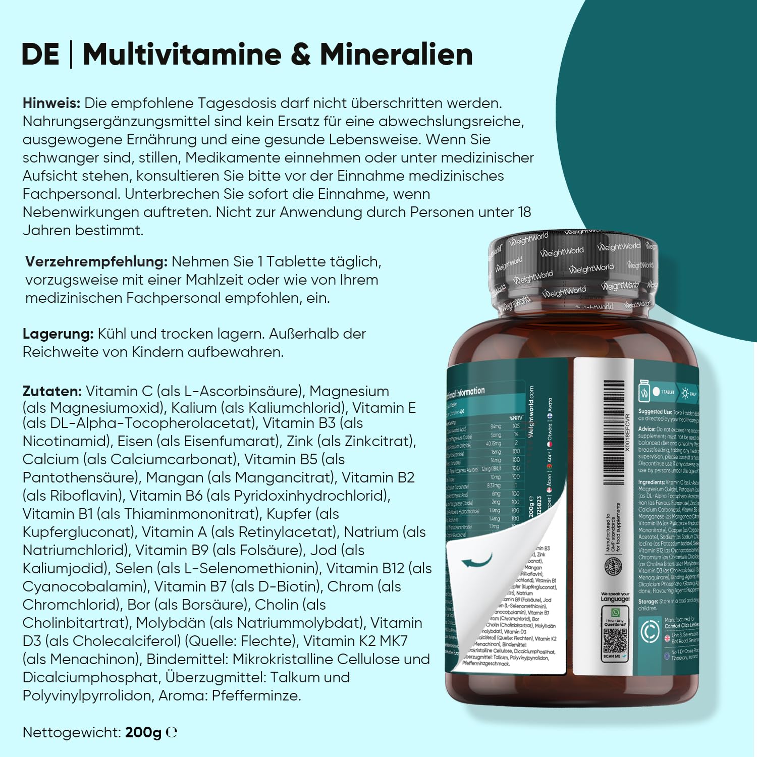 Multivitamin + Omega 3 + Kalzium Magnesium Zink - Vegan, Gemäß GMP & Frei von Gluten, Gentechnik - WeightWorld