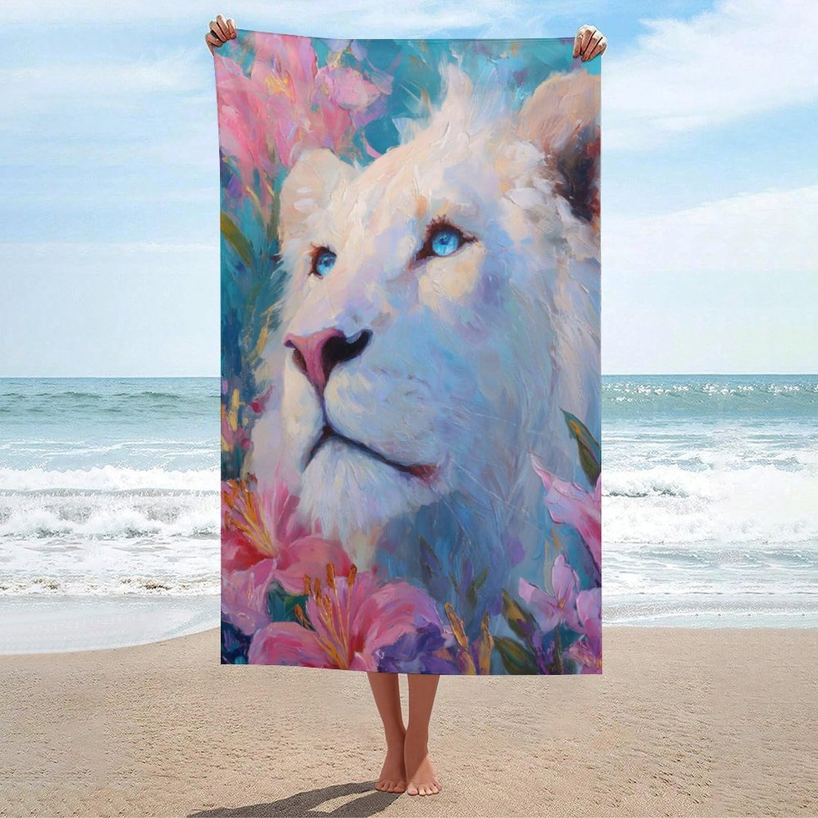 asbwuo Majestic White Lion and Lilies Beach Towel