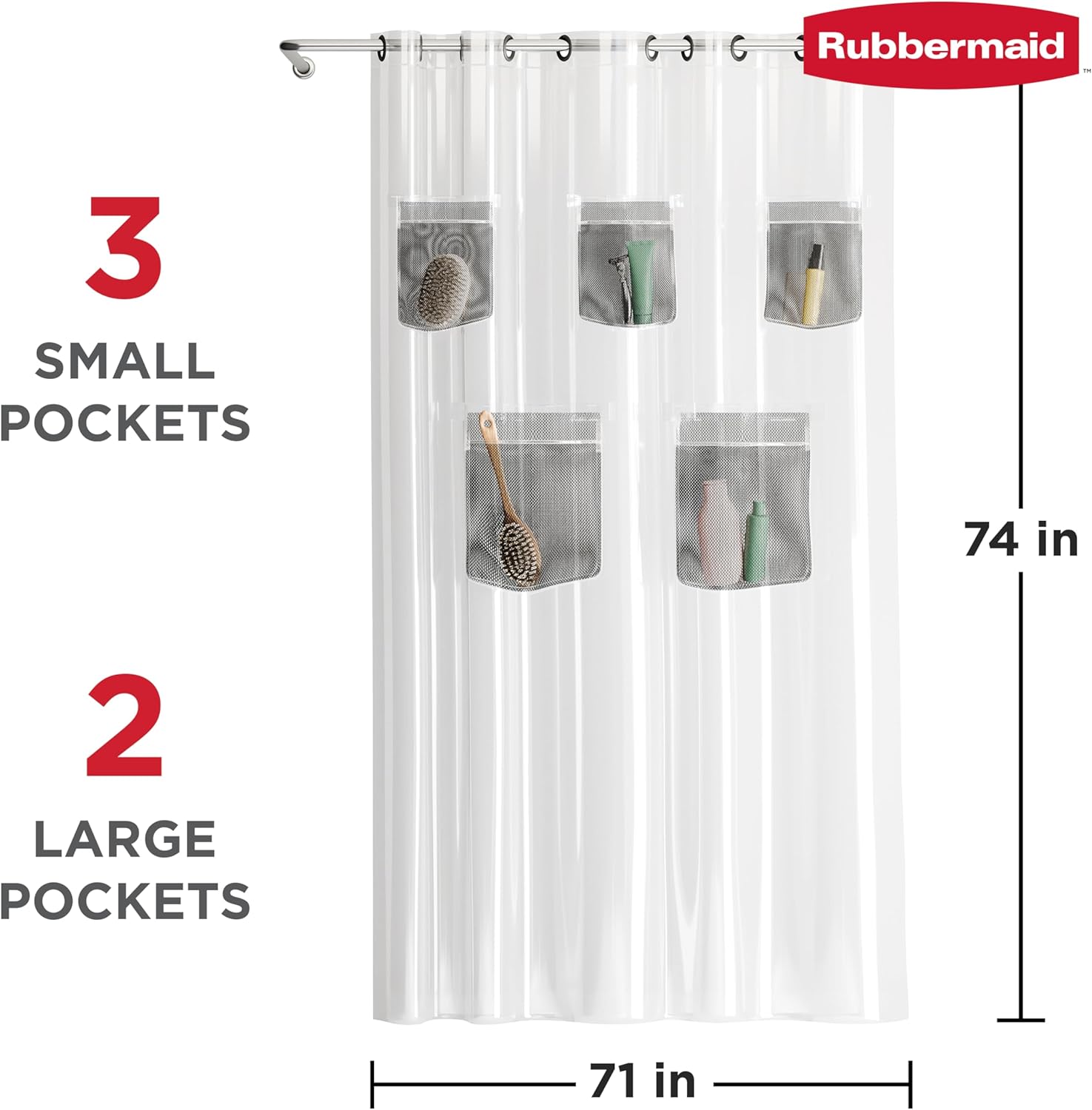 Rubbermaid Clear No Hook 3-in-1 Waterproof Shower Curtain with 5 Storage Pockets, Heavyweight PEVA Instacurtain for Bathroom with Black Built-in Rustproof Rings, 71” x 74”, Clear