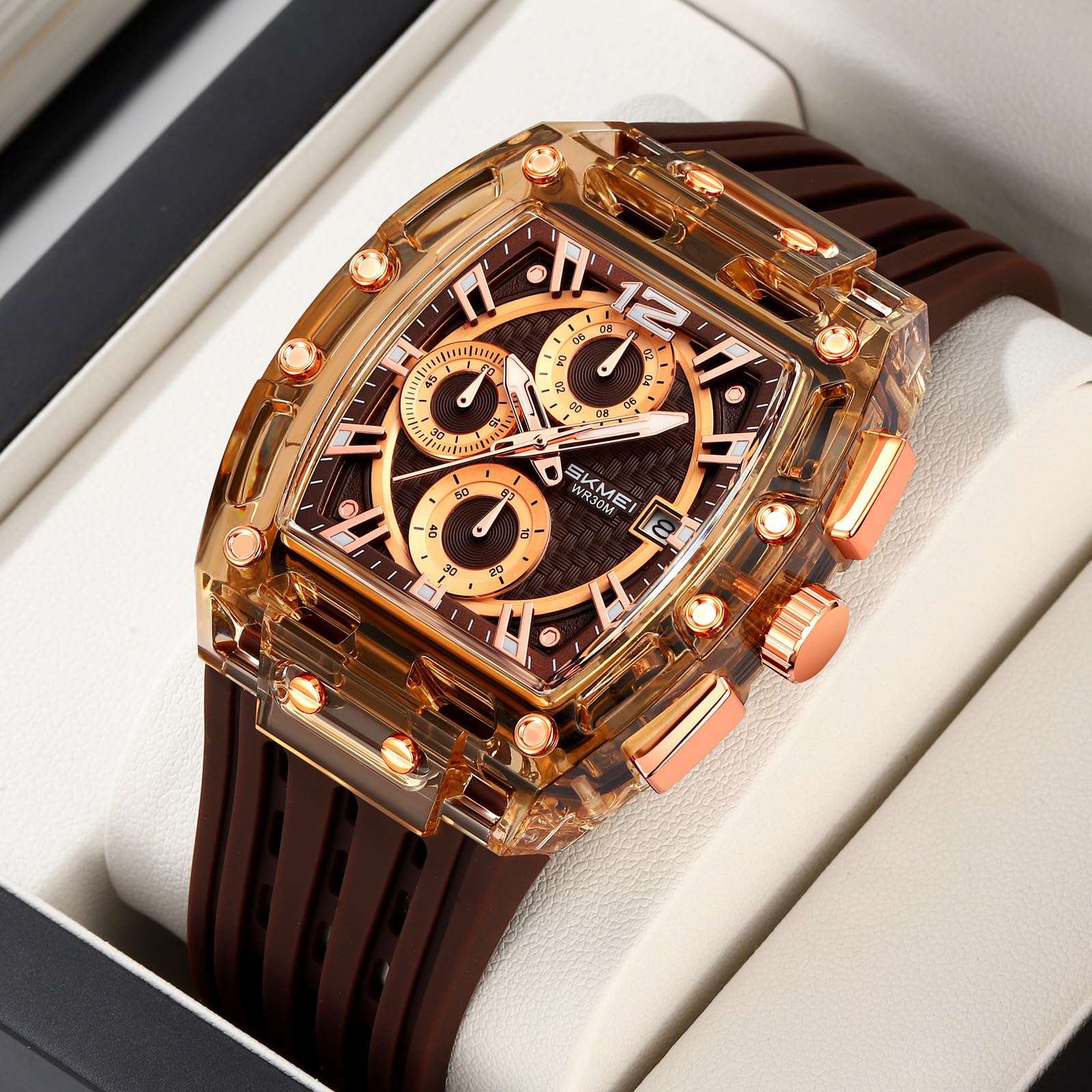 FANMIS Reloj cronógrafo para hombre, esfera rectangular transparente, reloj de pulsera de cuarzo, resistente al agua, deportivo, digital, analógico, doble visualización de hora, cronómetro con correa
