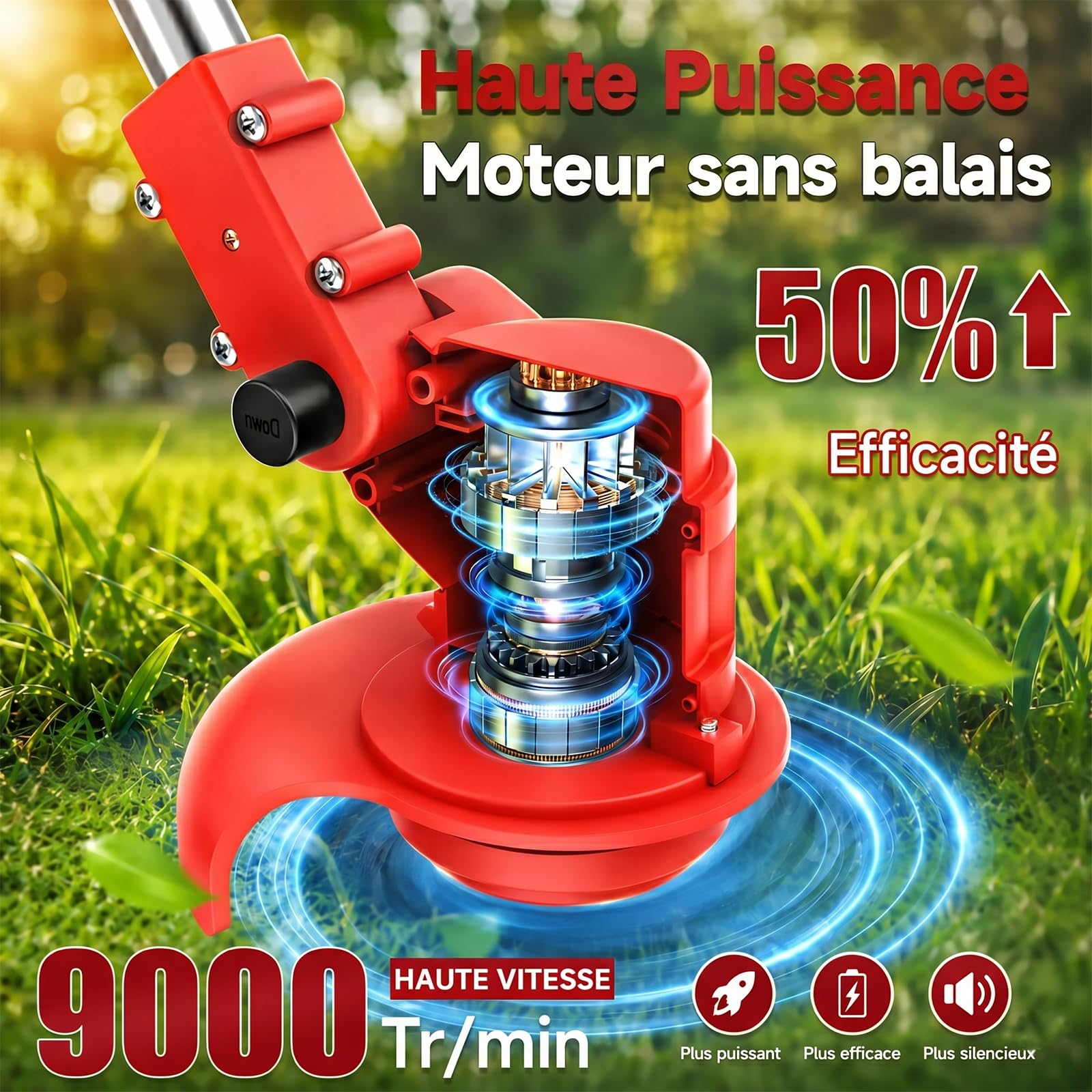 Debroussailleuse Electrique sans Fil 850W Rotofil Batterie 1.8kg Pliable 60cm Manche Telescopique 2X 2000mAh 26 Lames 4 Types pour Entretien Jardin (Rouge Velours)