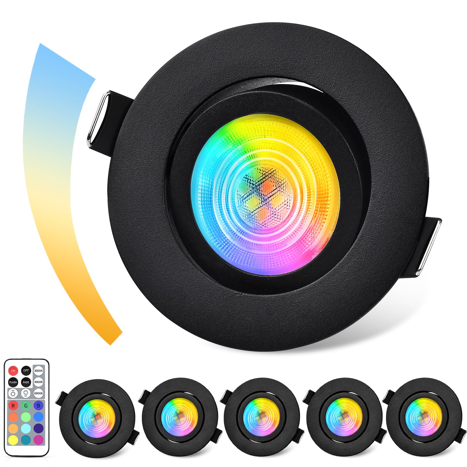 GeyouLux LED Einbaustrahler Dimmbar, RGB Spot 230V 68mm Aluminium, IP44 5W 3000K/4000K/6000K Einbauleuchten, 38° + 45° Schwenkbar Deckenspots Schwarz mit IR Fernbedienung für Badezimmer, 6 Stück