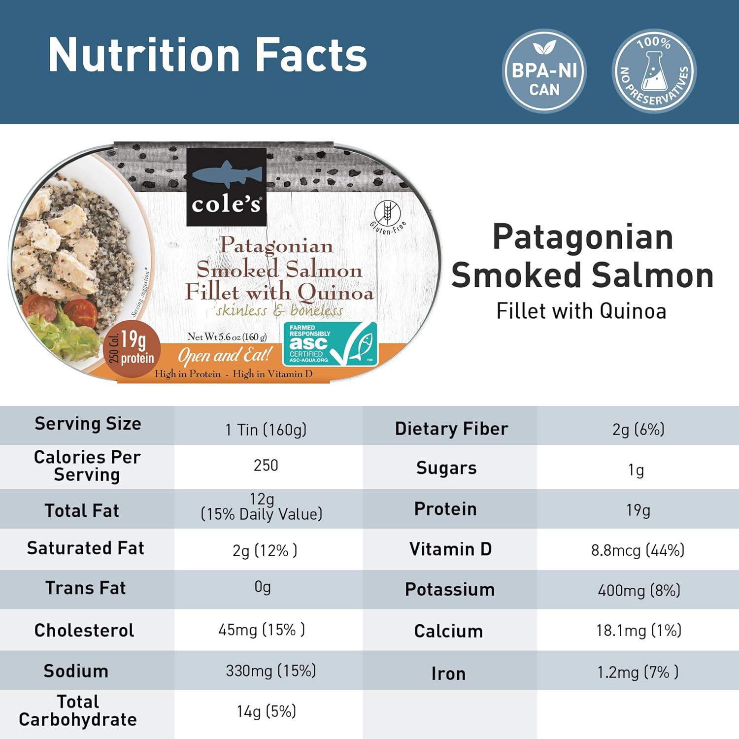 COLE’S - Patagonian Smoked Salmon Fillet with Quinoa| Ready to Eat Meal | 5.6 oz Hand-Packed Canned Fish | 19g Protein | High in Vitamin D | 6 pack