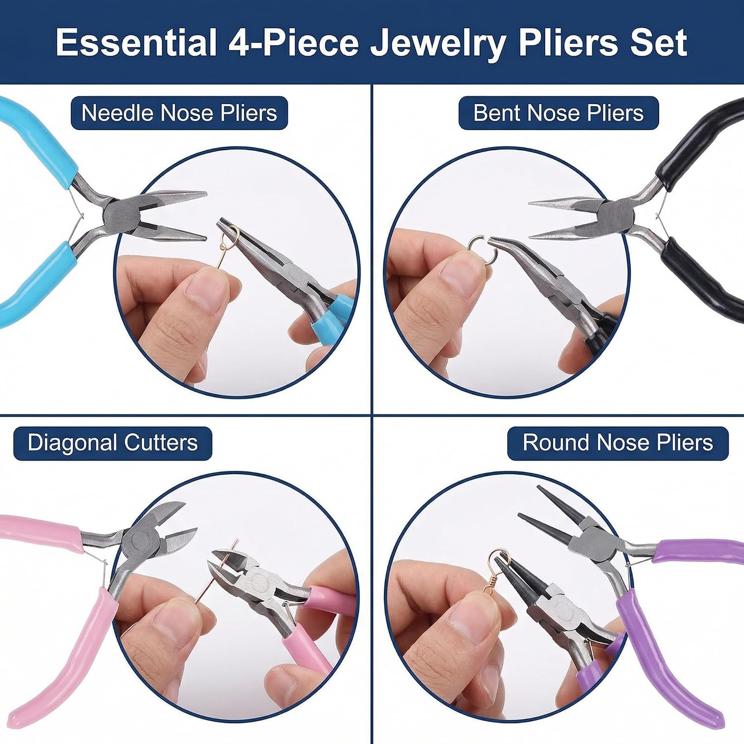 Jewelry Pliers Set, 4pcs Wire Cutter Needle Nose Bent Nose Round Nose Pliers Ergonomic Comfort Grip 4.5 Inch Rust-Resistant for Jewelry Making, Wire Wrapping, Beading, and DIY