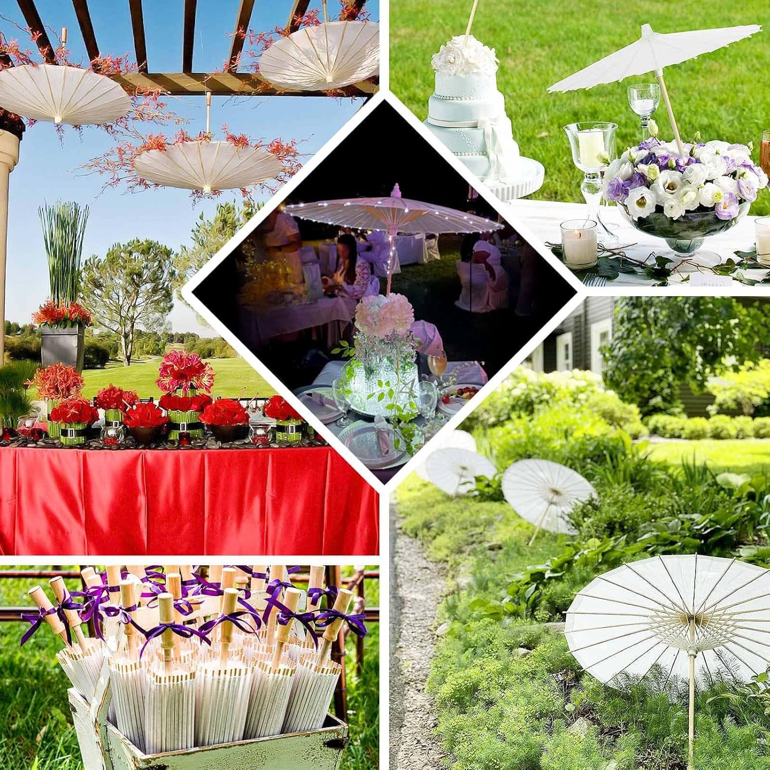 Efavormart 2 Pack 32 inch White Large Paper Parasol Umbrellas, Handcrafted Bamboo Sunshades for Bridal Entry, Editorial Photography Props and Ceiling Decor