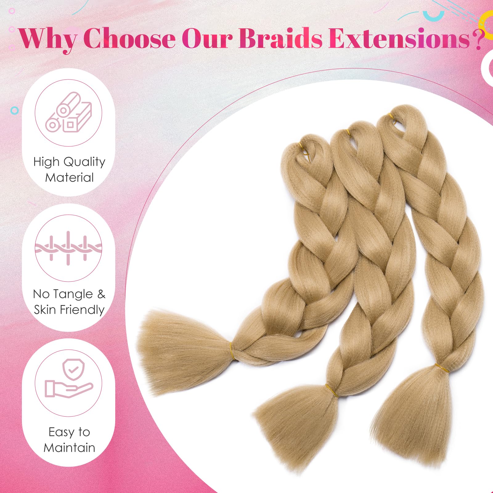 Benehair 3 Packs 24 Inch Braid Extensions Jumbo Box Braiding Hair for Twist Colorful Synthetic Hair Extensions for Braiding Blonde Hair Extensions for Women(3 Packs - Image 4