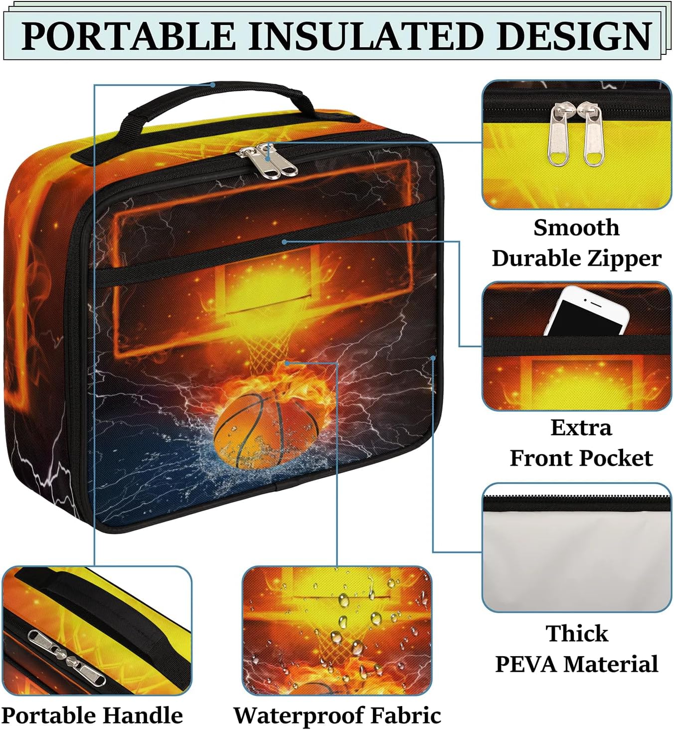 Kids Lunch Box Art Painting Basketball,Insulated Lunch Bag for Boys Girls,Thermal Lunch Box Containers for School Work Office Beach