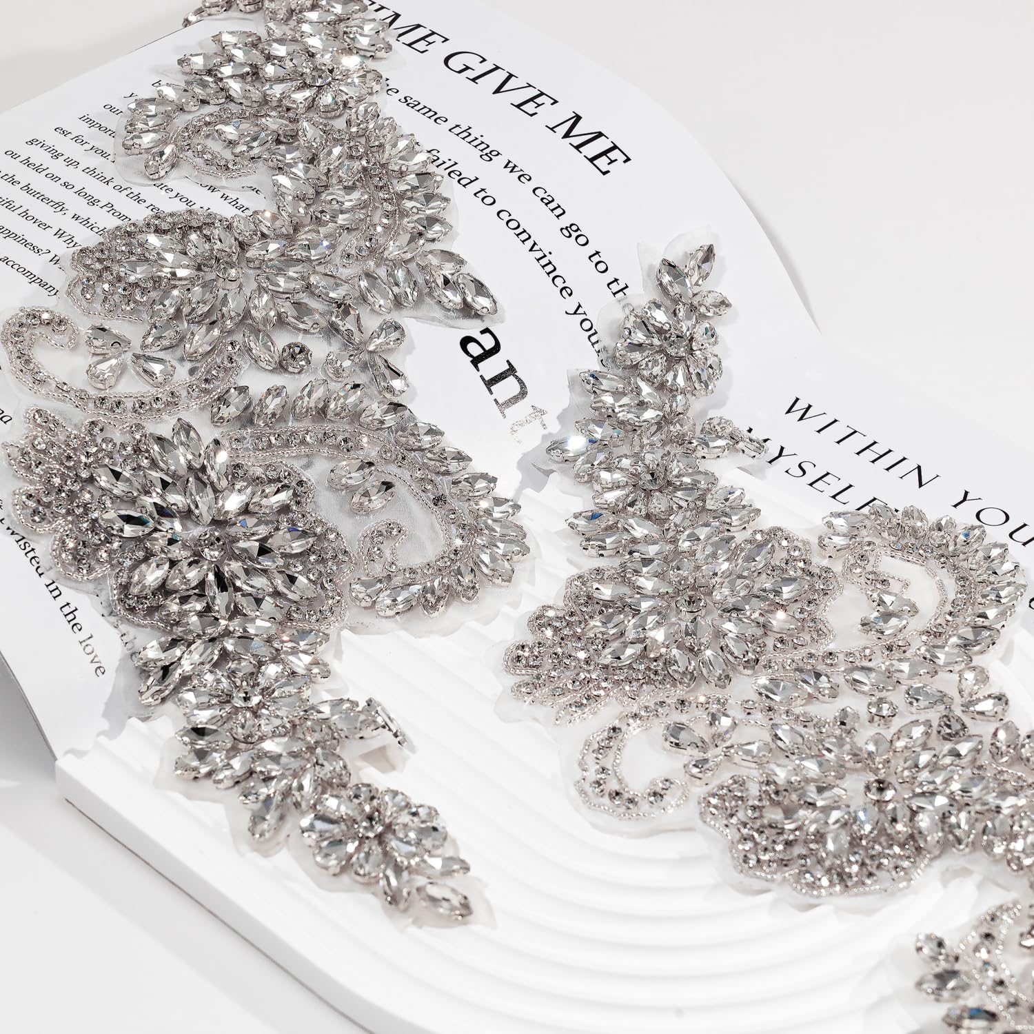 Pair Handmade Rhinestones Beaded Applique, Lace Embellishments Sewing Trim Crystal Patches Accessory for Wedding Dress Clothes,Evening Dresses,Bridal Gowns,Dance Costumes (White)