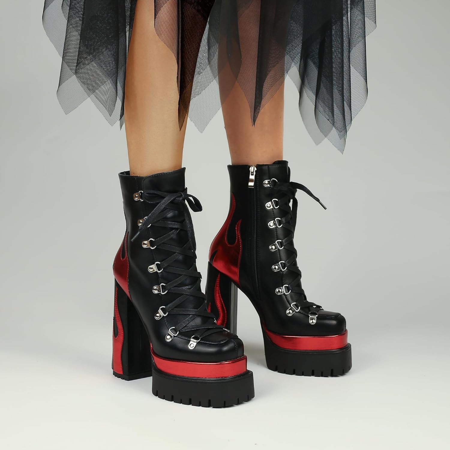 HiColor women’s silver flames printing high-heeled thick-heeled round-headed lace-up boots side zipper shoes