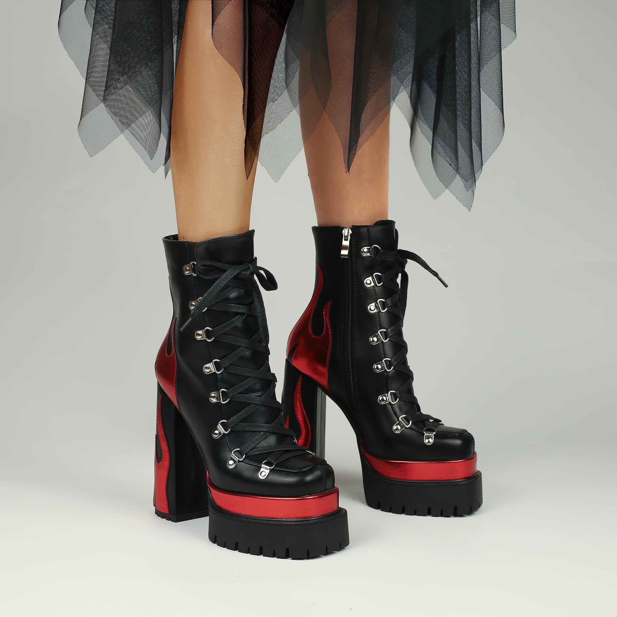 HiColor women’s silver flames printing high-heeled thick-heeled round-headed lace-up boots side zipper shoes: 7 Black-red