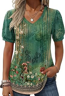 Women's Puff Short Sleeve Boho Shirts Casual V Neck Floral Solid Summer Blouse Pleated Tunic Top