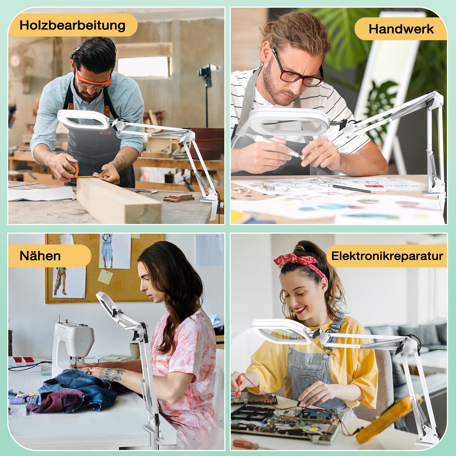 Lupa 10X con luz y abrazadera, cristal auténtico soporte de iluminación, 5 modos de color y regulable sin niveles, lámpara de escritorio LED manos libres para manualidades, aficiones, lectura, pintura