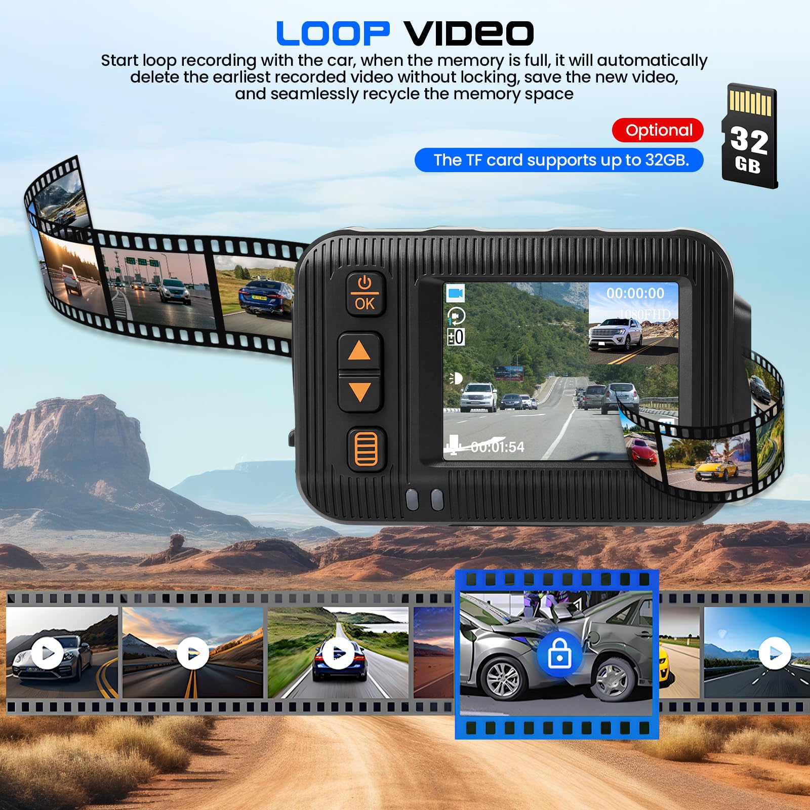 CAMECHO 1080P HDR Dashcam per Moto con Telecamera Anteriore + Posteriore, Sensore G Dash Cam Moto con Registrazione in Ciclo, IP67, Schermo IPS HD da 2 Pollici, Supporto Universale per Moto