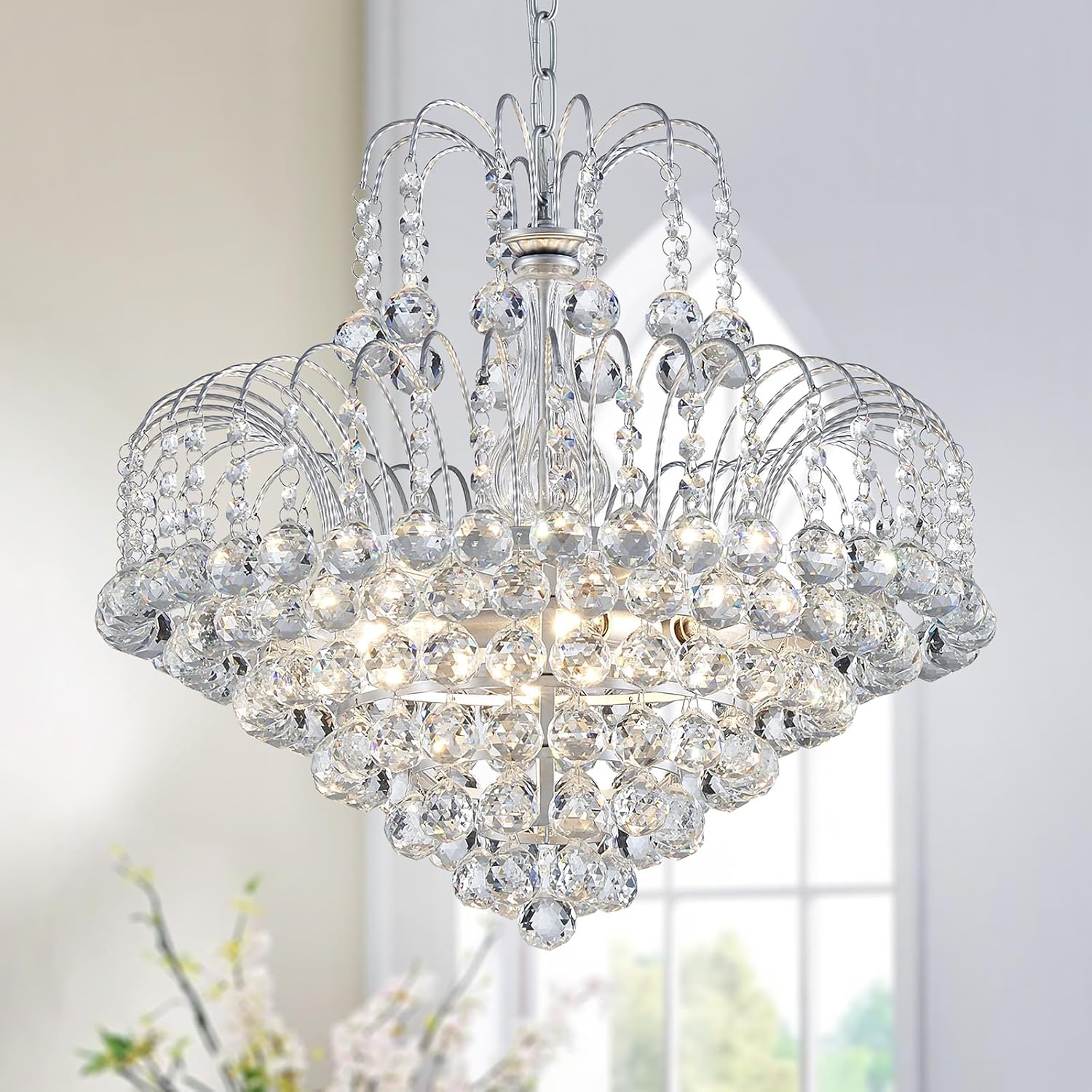 WUZUPS Crystal Chandelier Pendant Flushmount Ceiling Light Modern Lighting Fixture for Bedroom Hallway Bar Kitchen Bathroom, H 17.3" x W 18.9", Silver, E12 Base