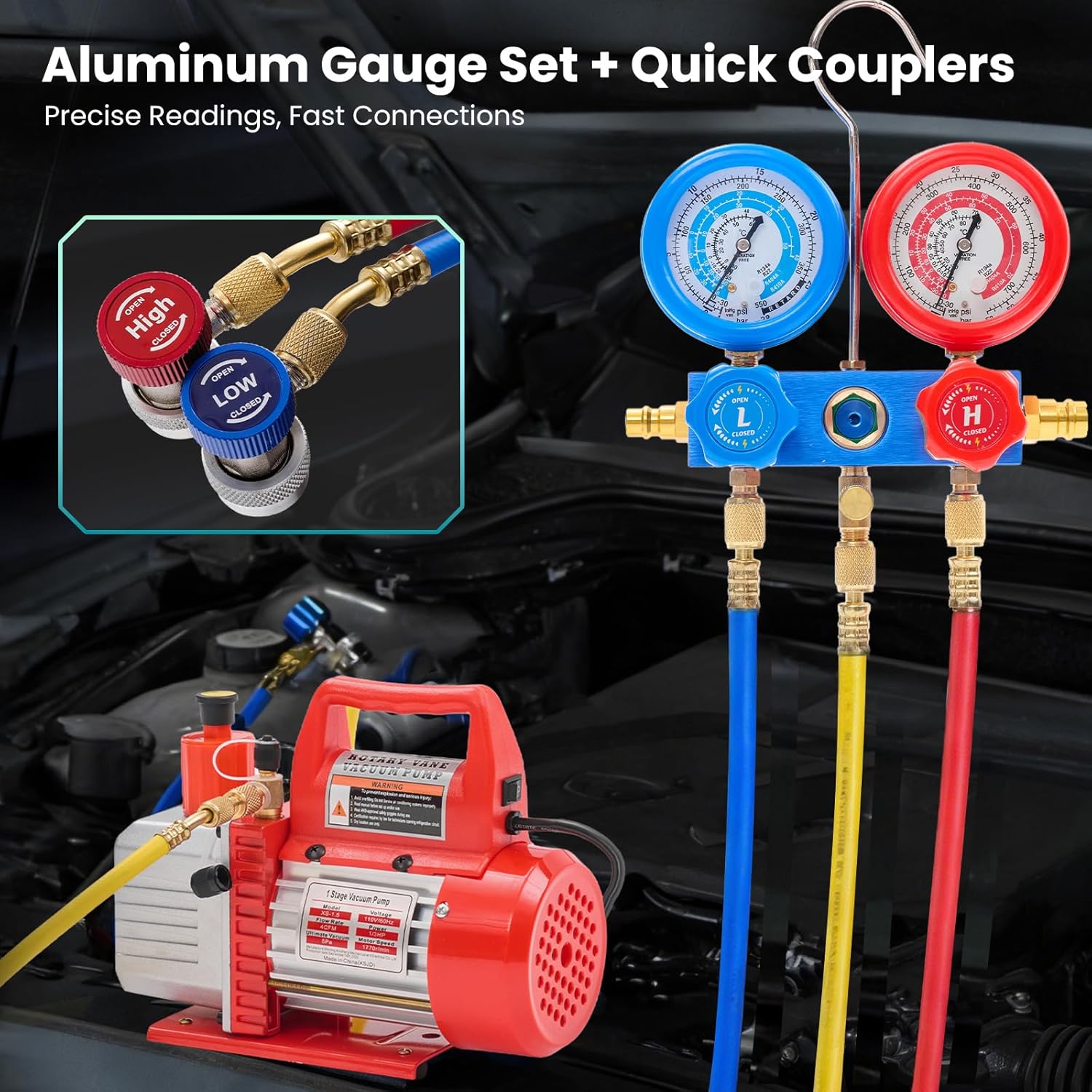 OLIXIS 110V 1/3 HP 4CFM Single Stage Vacuum Pump Kit with R134a Manifold Gauge Set, Leak Detector, 1/4" Hoses & Carry Bag for HVAC AC Refrigeration, ETL Listed (Red)