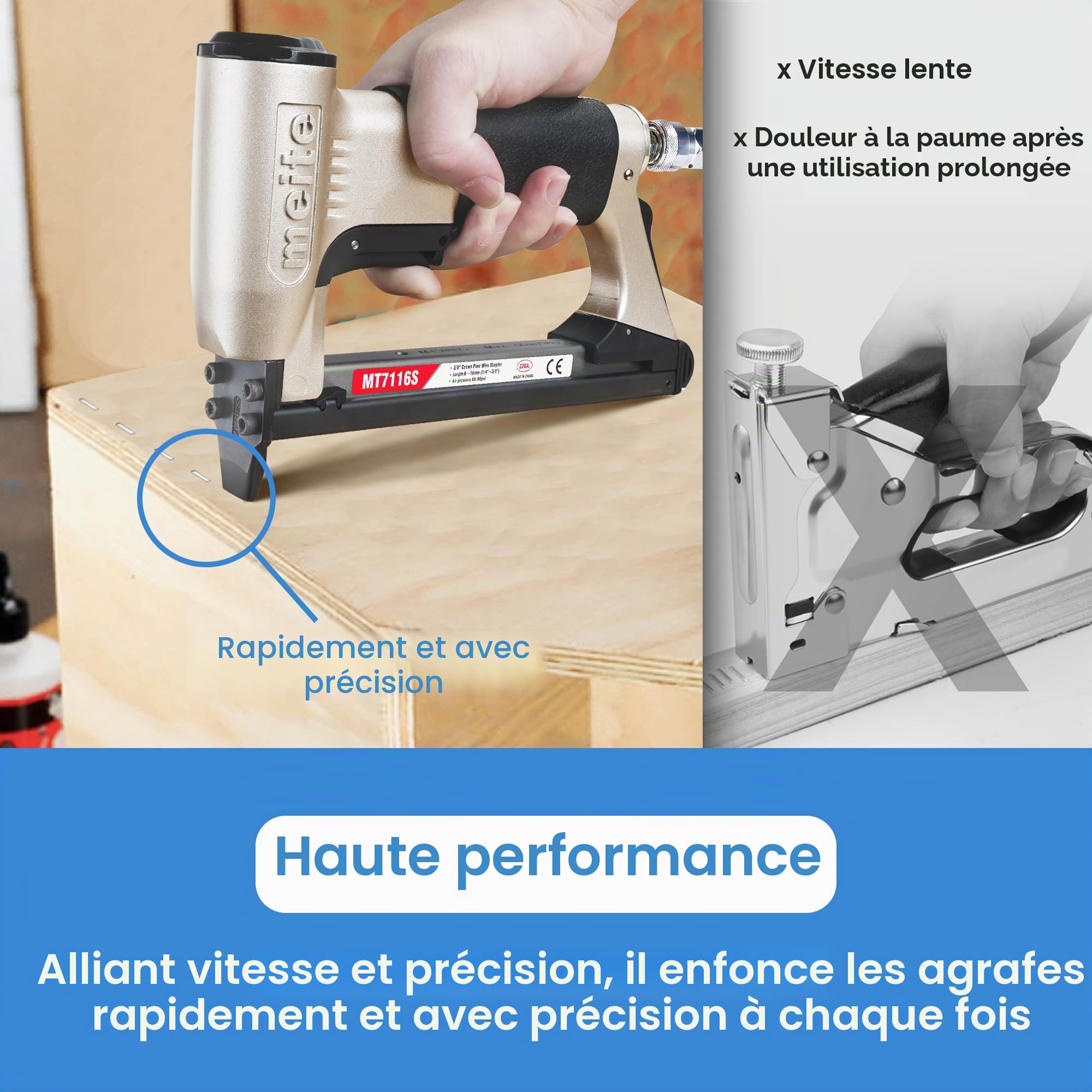 meite MT7116S Agrafeuse Tapissier Pneumatique avec Gâchette de Sécurité, Utilise des Agrafes de Type 71, 6 à 16 mm, 9,1 mm Couronne, Agrafeuse Pneumatique pour Meubles et Travail du Bois