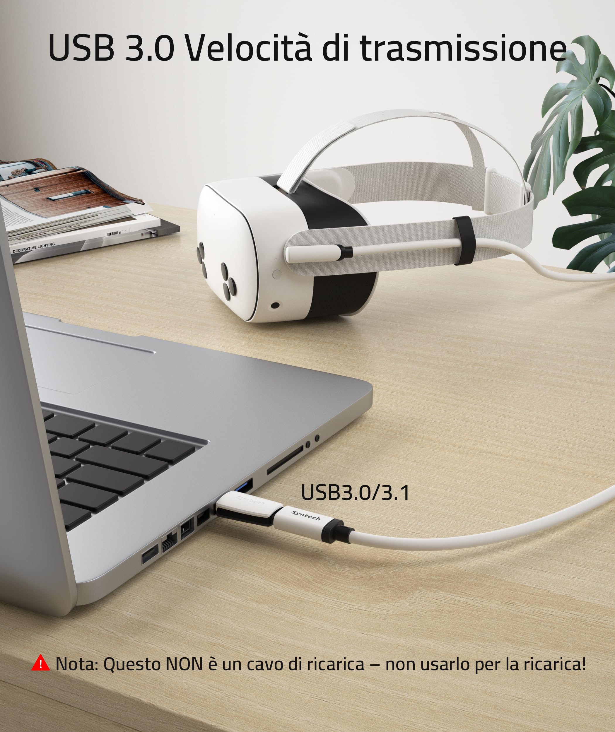 Syntech Cavo Link Compatibile con Oculus/Meta Quest 3/Quest 3S/Quest2/Pro/Pico 4 Accessori and PC/SteamVR, Cavo di Tipo C da 5m/16FT con USB 3.0, Trasferimento Dati ad Alta Velocità per Cuffie VR