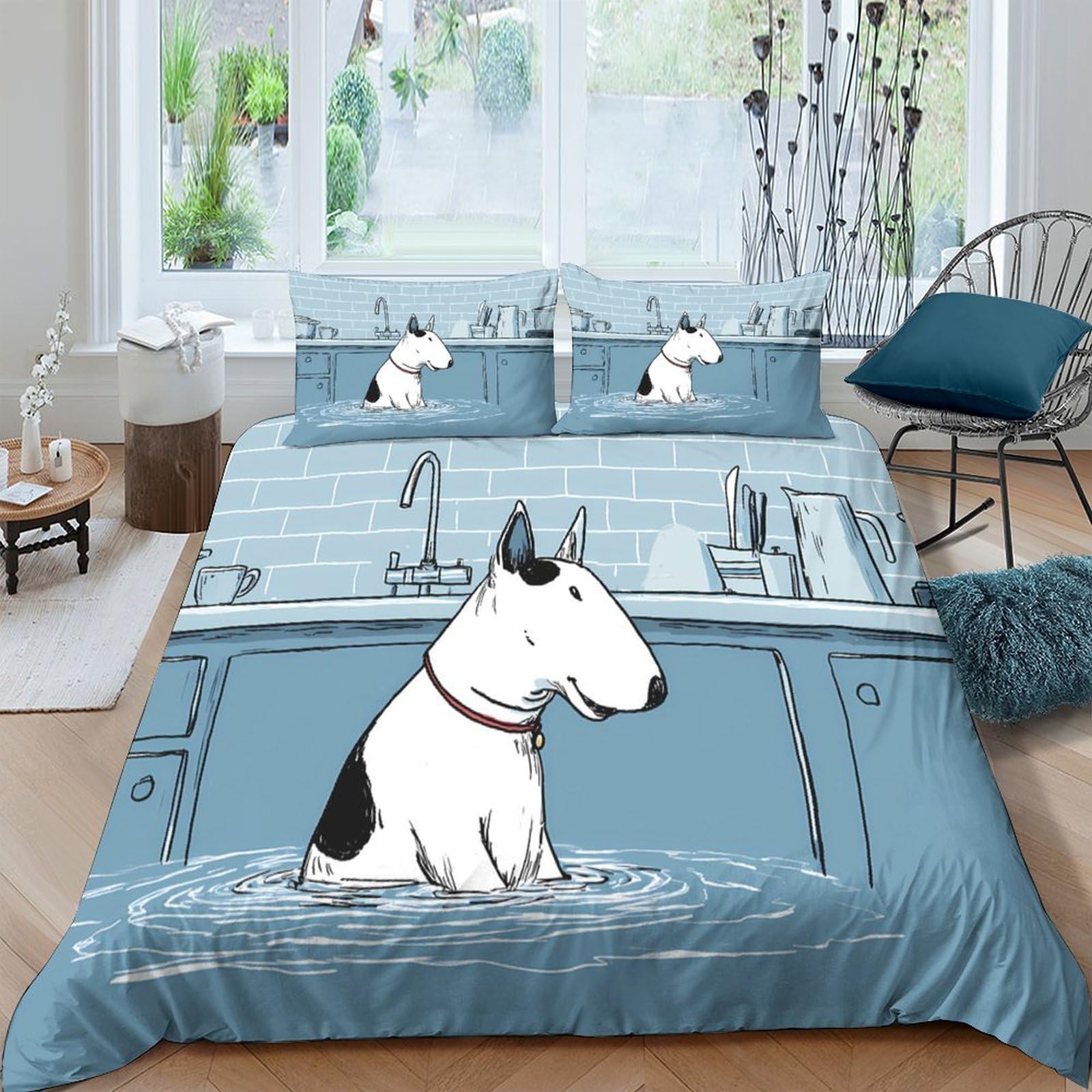 Ctjqhvkz Style-6 3D Printed Bull Terrier Dog Blue Fitted Sheet Microfiber Soft Bed Cover For Bedroom Guest Room Easy Care Bedroom Decor Single（135X200cm）