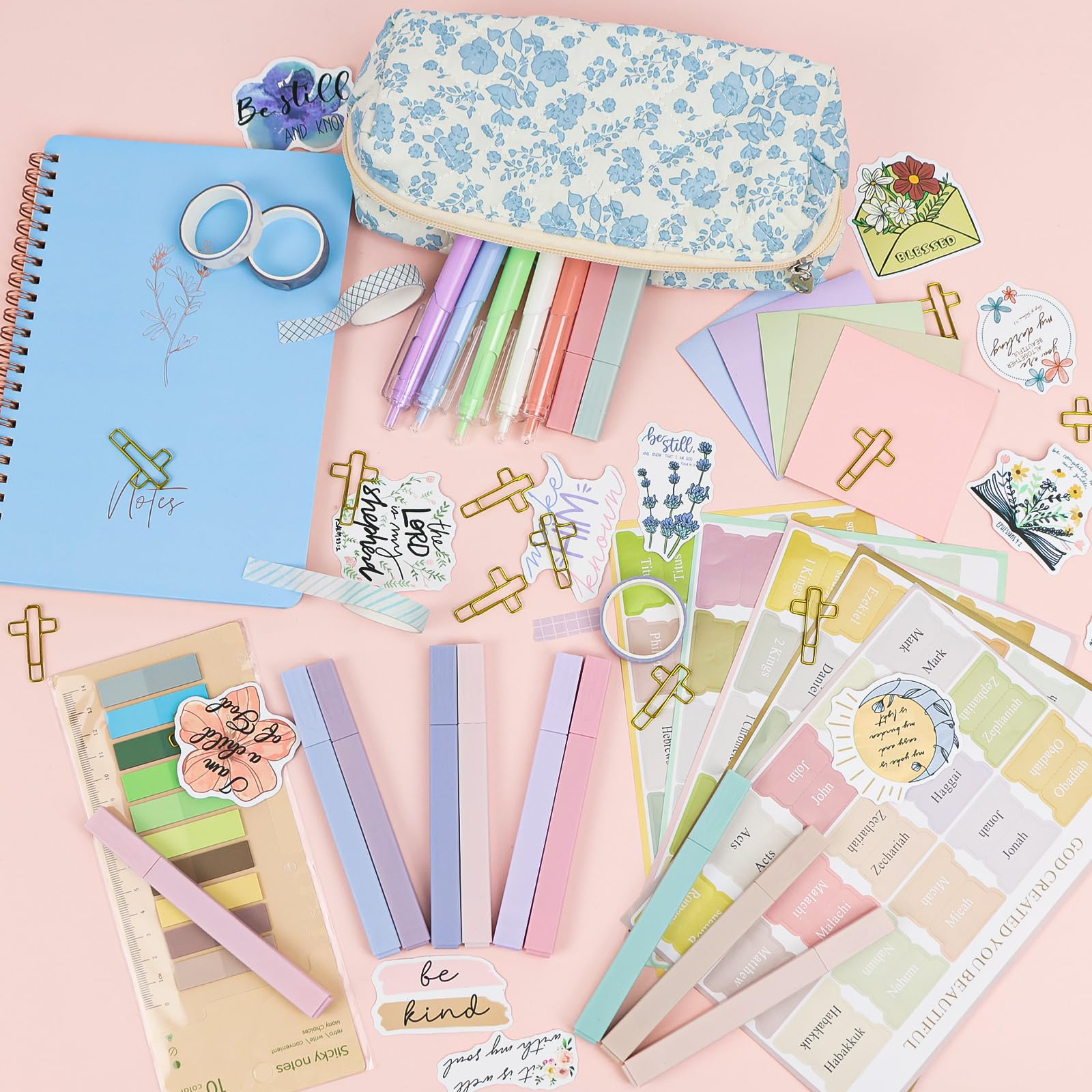 Kit de diario de suministros de estudio bíblico con bolígrafo, pestañas, cuaderno y resaltador sin sangrado, kit de anotación de libros estéticos, regalos cristianos para mujeres y amigas