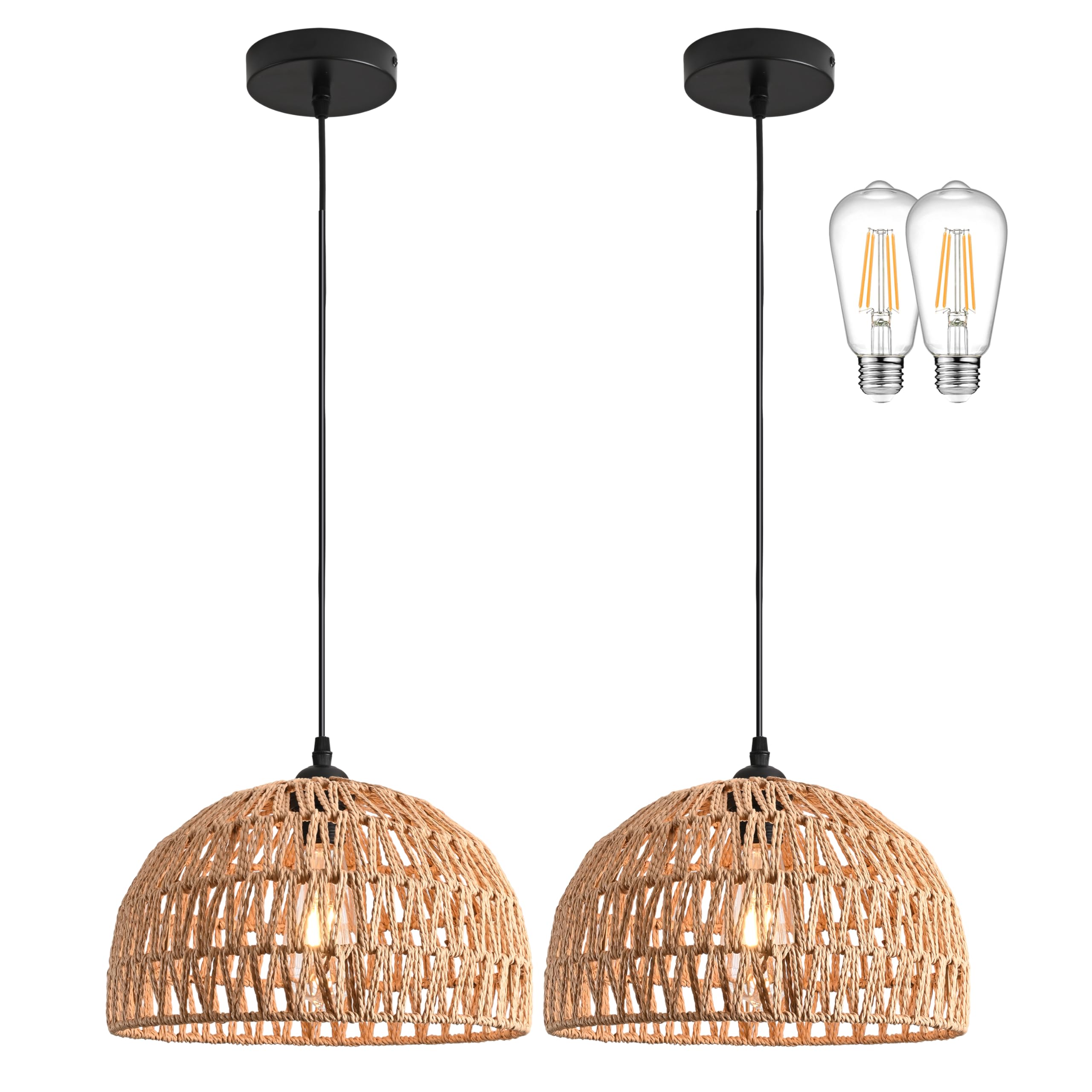 Photo 1 of AyshwillDec 2-Pack Woven Pendant Light, Boho Rattan Dome Fixture, 12.2" Natural