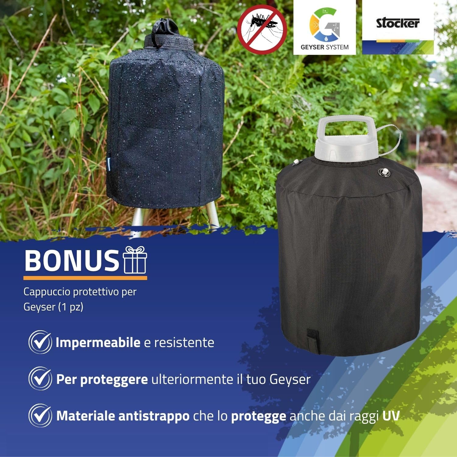 STOCKER – Kit Nebulizzatore Geyser 12L con Timer e Pompa Automatica, Batteria 12V, Copertura di 40 m² estendibile fino a 400 m², Sistema Antizanzare con 1 L Zanzaricida e 1 L Disabituante