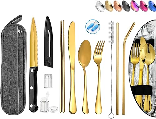 Juego de utensilios de viaje de acero inoxidable con estuche, cubiertos portátiles, palillos, pajilla, color dorado