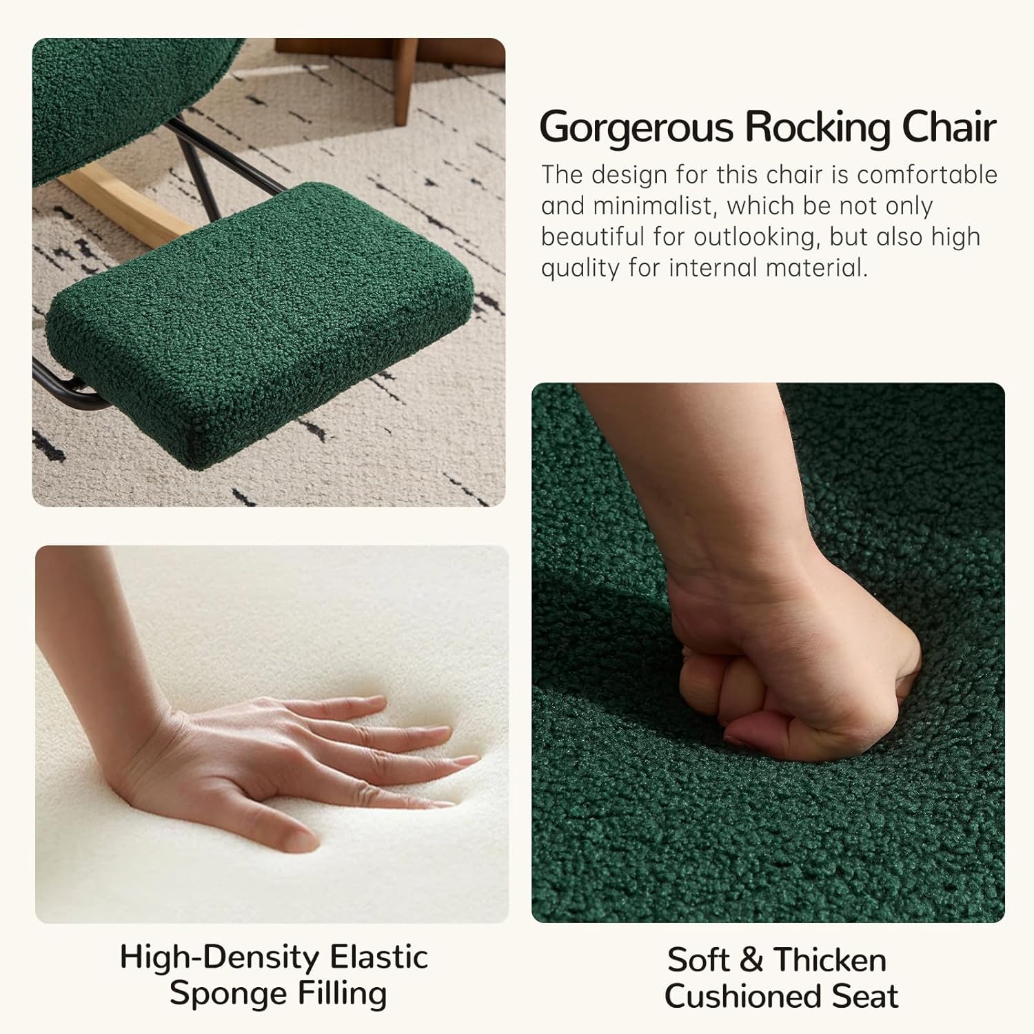 Furniliving Nursery Rocking Chair Upholstered Glider Rocking Chair Modern Accent Chair with Retractable Footrest Reading Chair with High Backrest Comfy Chair for Living Room, Green, Teddy